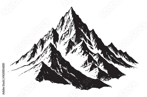 Dramatic jagged mountain peak illustration in black and white
