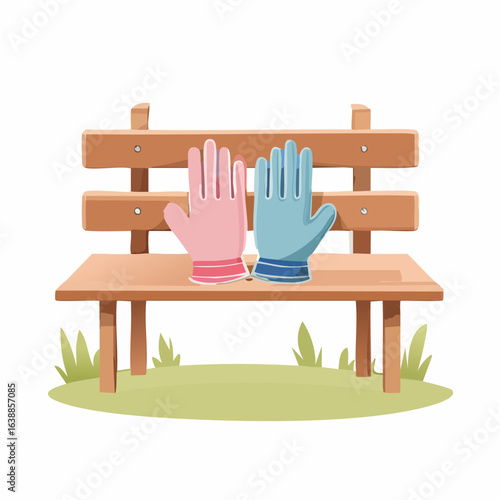 Clean vector of gardening gloves placed neatly on a bench in soft colors.
