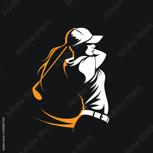 a modern flat design golf logo, bicolor white with a black background woman golfer 