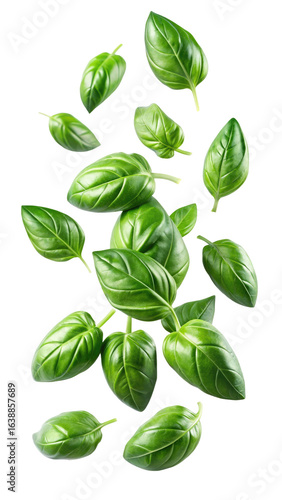 flying fresh basil leaves isolated on transparent white background, clipping path