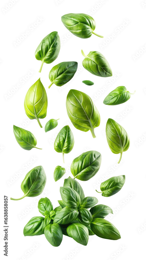 flying fresh basil leaves isolated on transparent white background, clipping path flying fresh basil leaves isolated on transparent white background, clipping path