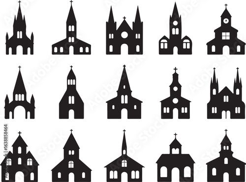 Collection of black church building silhouettes with varied architectural styles architecture religious