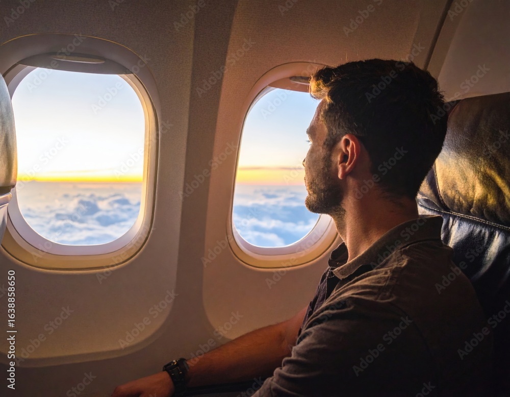 Obraz premium Man Looking Out Airplane Window At Sunset