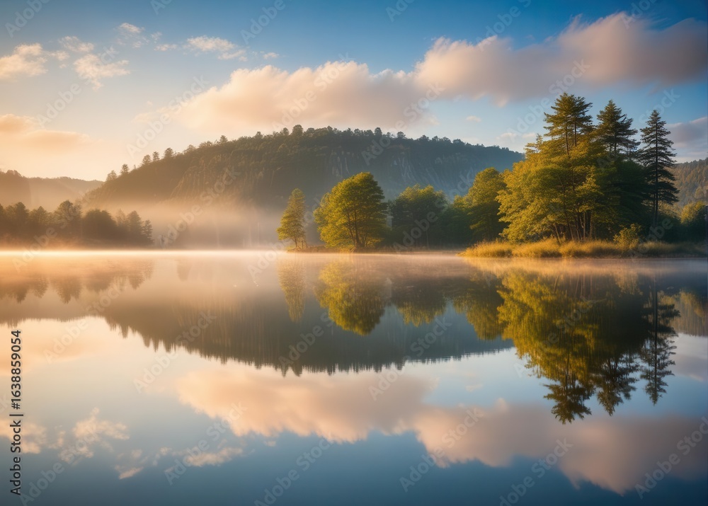 Fototapeta premium Misty morning reflection on calm lake surface with surrounding trees and hills