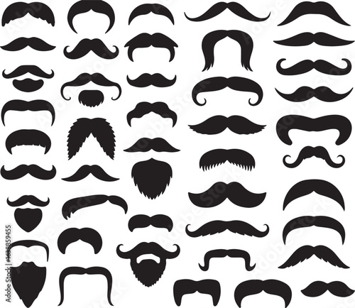 Collection of black silhouette mustaches and beards on white background facial hair