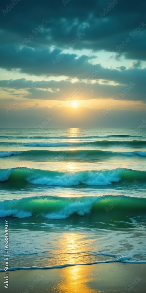 Fototapeta premium Soft glowing green waves of light envelop a misty ocean landscape at dusk