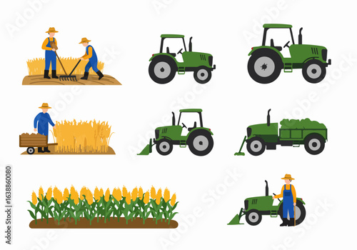 Farming and Agriculture Icon Set with Farmers, Tractors, and Various Crops