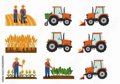 Agriculture Industry: Farm Workers, Tractors, and Crop Production Stages Illustrated.