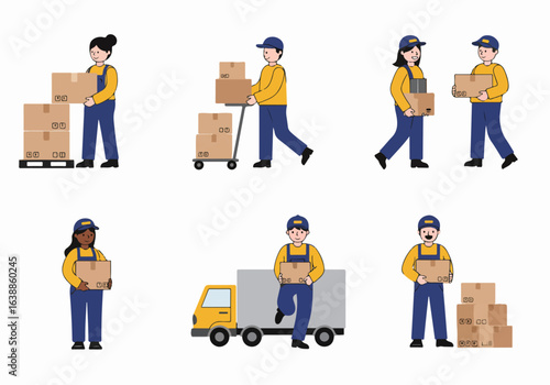 Illustrated collection of delivery service workers, showcasing logistics, shipping, and parcel handling with boxes and a truck.