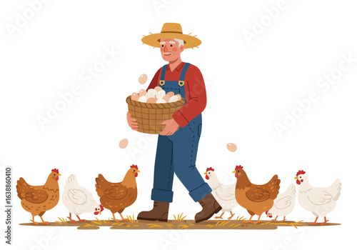 Elderly Farmer Carrying Basket of Fresh Eggs from Chickens.
