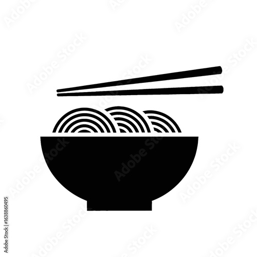 Black silhouette of a bowl of noodles with chopsticks resting on top, presented on a white background.