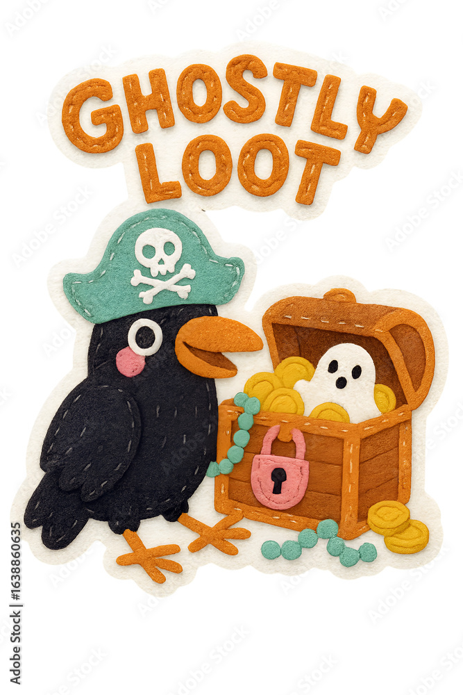 Naklejka premium Halloween Felt Pirate Crow Sticker with Treasure Chest and Ghostly Loot Text on Transparent Background