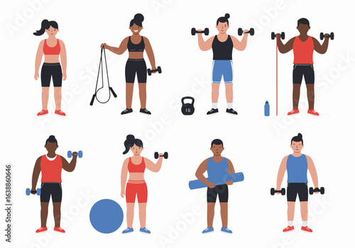 Diverse group of people exercising with various fitness equipment in a flat design illustration.