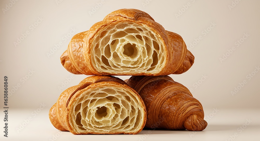 Fototapeta premium Cross-Section of Three Flaky Croissants on a Neutral Background