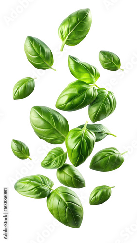 flying fresh basil leaves isolated on transparent white background, clipping path