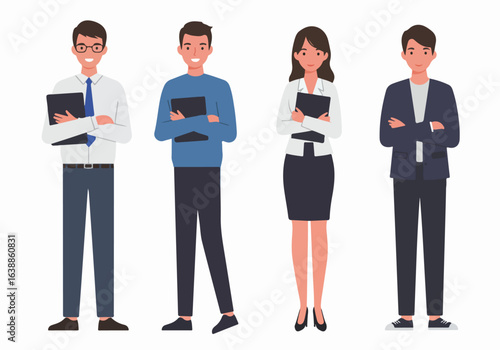 Diverse group of professional business people and employees standing confidently and smiling, ideal for team collaboration and corporate concepts.