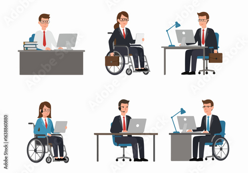 Diverse business people working in office settings, including professionals with disabilities, highlighting modern workplace inclusivity and productivity.