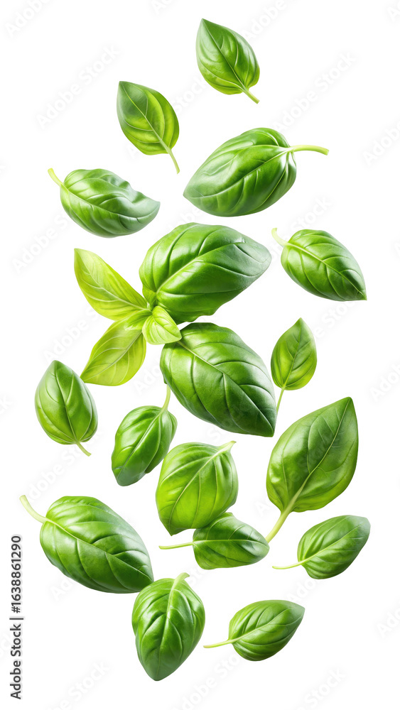 Fototapeta premium flying fresh basil leaves isolated on transparent white background, clipping path
