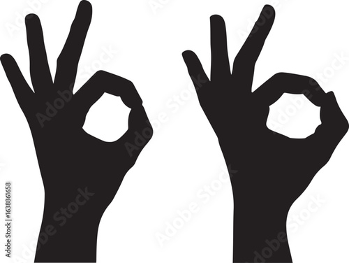 Two black silhouette hands forming ok gesture on white background sign symbol