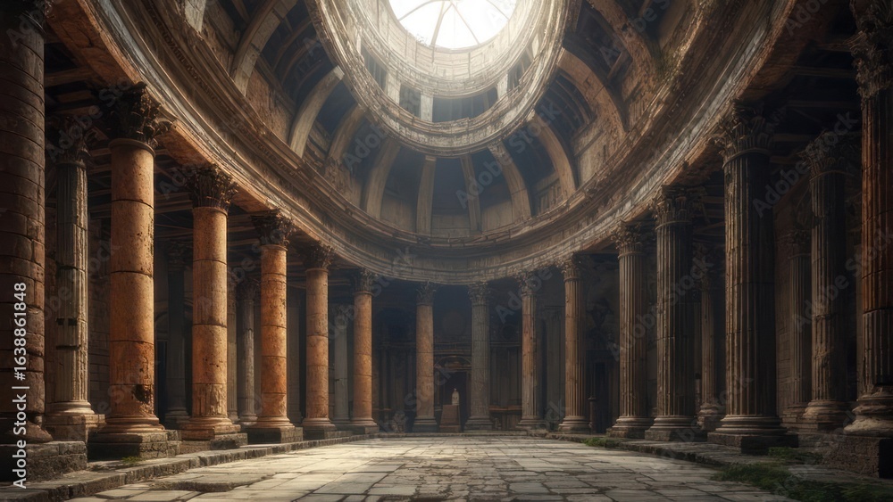 Obraz premium Sunlight Pierces the Oculus of a Grand, Weathered Ancient Rotunda