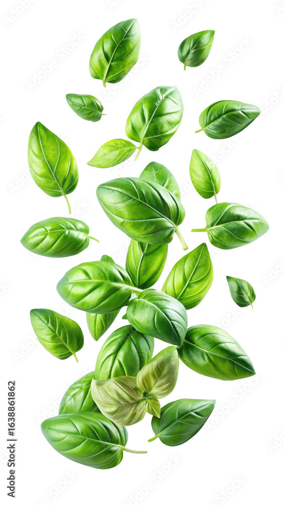 flying fresh basil leaves isolated on transparent white background, clipping path flying fresh basil leaves isolated on transparent white background, clipping path