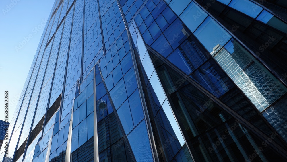 Low angle view of a modern glass skyscraper reflecting the sky and nearby buildings in its windows Low angle view of a modern glass skyscraper reflecting the sky and nearby buildings in its windows