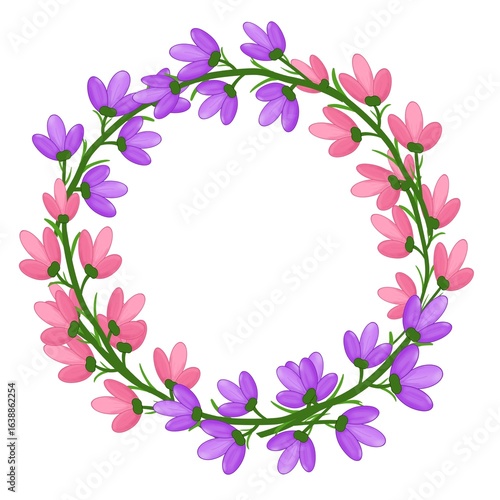 Pink and purple daisies arranged in a circle frame on a white background. Perfect for wedding invitations, greeting cards, scrapbooking, digital art, logos, stickers and decorations. 