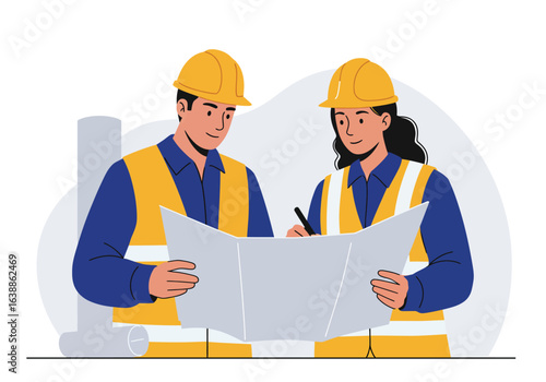 An illustration of a male and female builder working in collaboration, a dedicated team of engineers planning a construction project with a blueprint.
