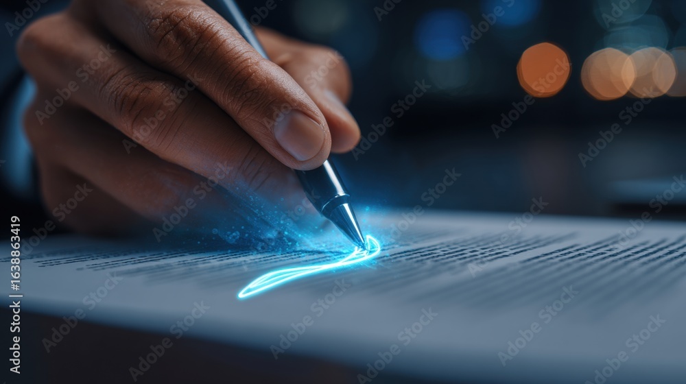Naklejka premium Ink of Agreement: A focused person's hand elegantly signs a document, emphasizing precision and commitment in a contemporary setting with a vibrant glow.
