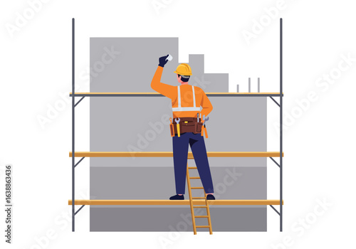 A professional builder in safety gear working on a building facade, standing on scaffolding. A male construction worker illustration concept.