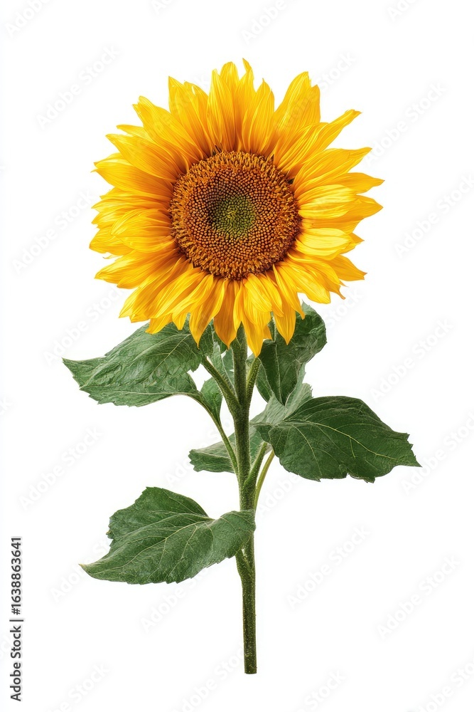 Obraz premium Single sunflower with vibrant yellow petals, dark brown center, and green leaves on a white background