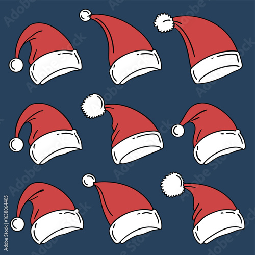 Red and white Santa hats scattered across a dark blue background Christmas holiday