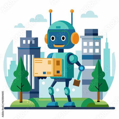 Friendly robot delivering a package in a futuristic city