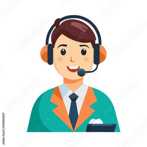 Friendly male customer service representative wearing headphones and suit