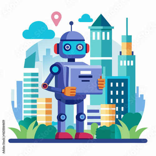 Friendly robot delivering a package in a modern city