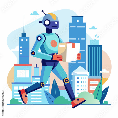 Futuristic robot delivering package in a modern city