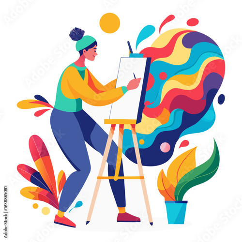 Artist painting a vibrant abstract masterpiece on a canvas