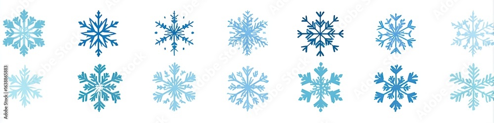 Twelve stylized, light-blue snowflakes Twelve stylized, light-blue snowflakes
