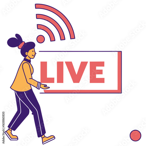 Woman broadcasting live stream with wifi signal and text