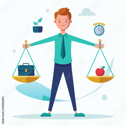 Man balancing work life and personal health with scales