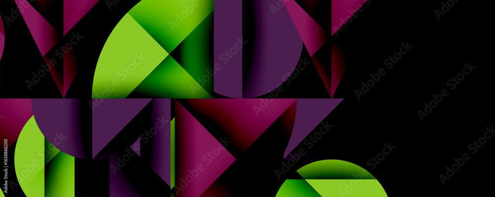 Obraz premium Abstract geometric shapes form letters. Vivid purple, green hues dominate composition. Modern design, bold visual impact.