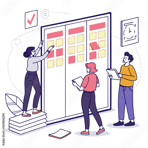 Team collaborating on a kanban board with sticky notes and tasks