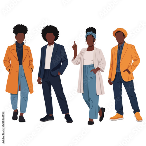 Four diverse individuals in stylish autumnal attire, presented in a flat design, showcasing various fashion choices.