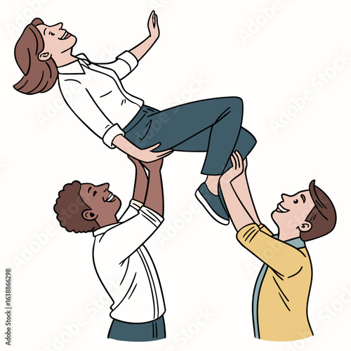Teamwork and celebration people lifting a colleague in the air