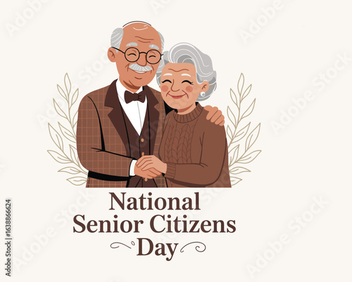 A charming illustration of a happy elderly couple celebrating. Senior man and woman embracing with love on a celebratory day.