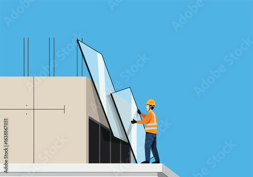 A professional builder in a safety helmet installing a large glass window panel on a modern high-rise building facade