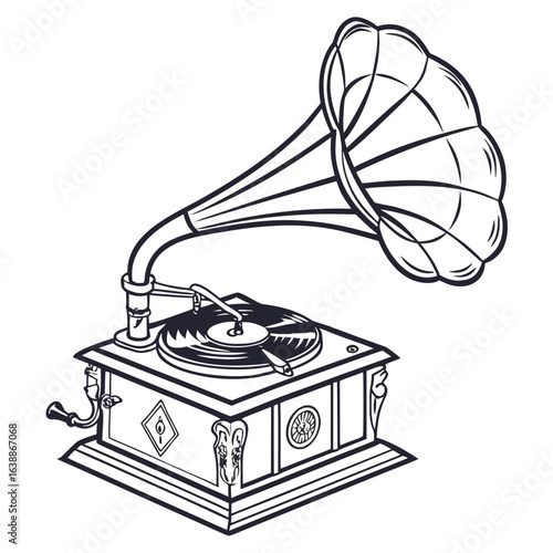 Vintage gramophone playing a record with a large horn