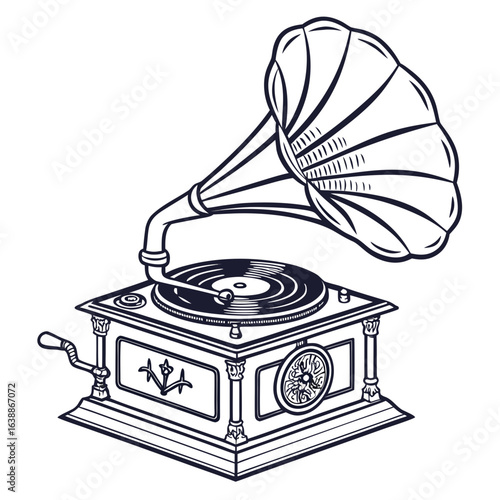 Vintage gramophone with large horn and record player