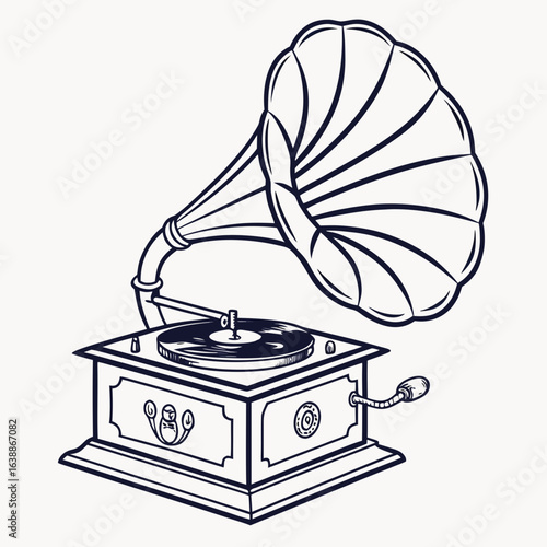 Vintage gramophone with large horn and spinning record