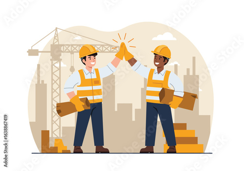 A professional builder team with diverse male architects high-fiving on a construction site, a vector illustration of teamwork and success.